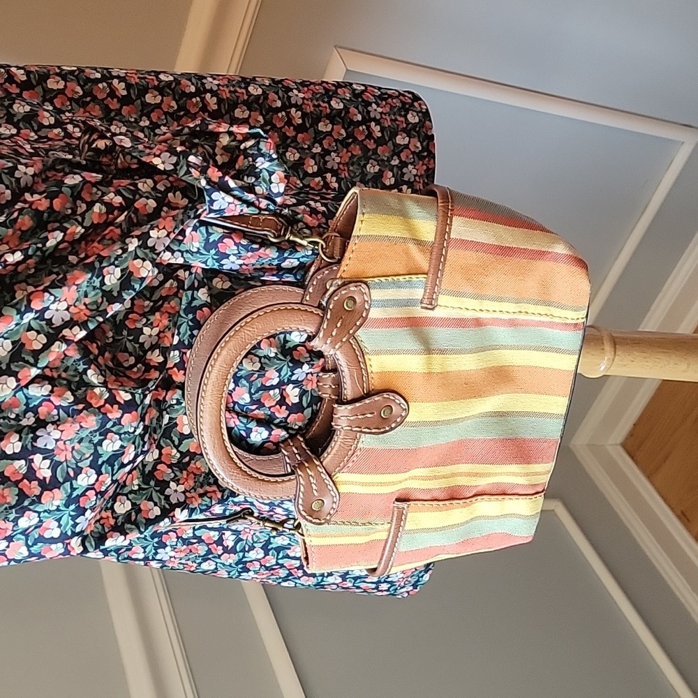 FOSSIL Genuine Classic 1954 Boho Canvas Striped Snap‎ Closure Crossbody Tote Bag